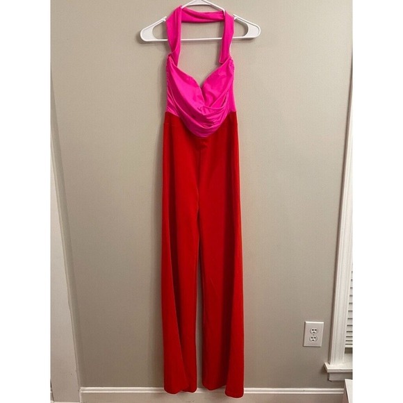 Fashion Nova Pants - Fashion Nova Cool and Composed Jumsuit Red/Neon Pink Medium Flare Pant Club